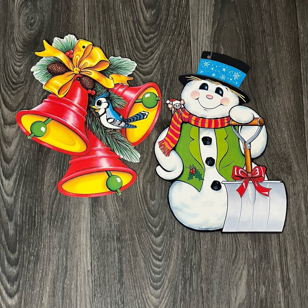 Vintage Beistle 1977 Christmas Die Cut Decoration Snowman & Bells With Blue Bird